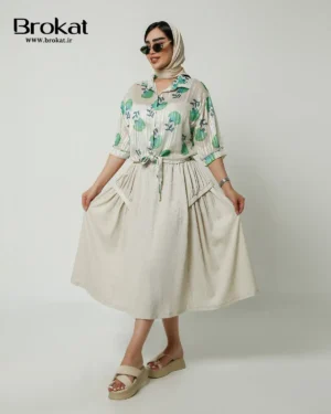 ست شومیز شیشه ایی طرح دار گره ایی دامن چین دار کد ۱۰۵۷